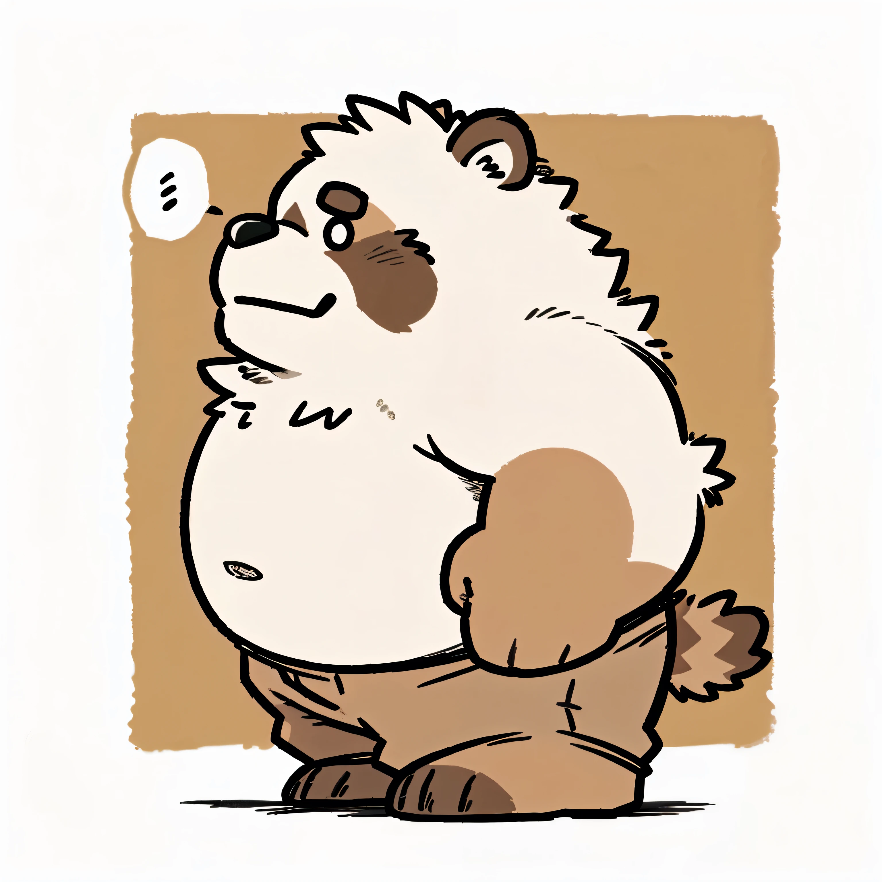 tanuki face,Cute face, very cute, Humanity(tanuki), (Wild boar:1.1, tanuki), (bare chest,, hot body, Beautiful, sexual, Attractive guy, middle aged man, soft belly) ,(without shorts, foot without shoes, solo, full-length portrait, anatomically correct),((side view, The expression is shoked, looking up, short hand)), (((side view, full-length portrait))) , Chubby,(white eyebrows:1.1),(perfect black eyes),Simple background, print style。（artist:Takemoto Arashi) , manga style, (big face),(The right eyes), (comic page)