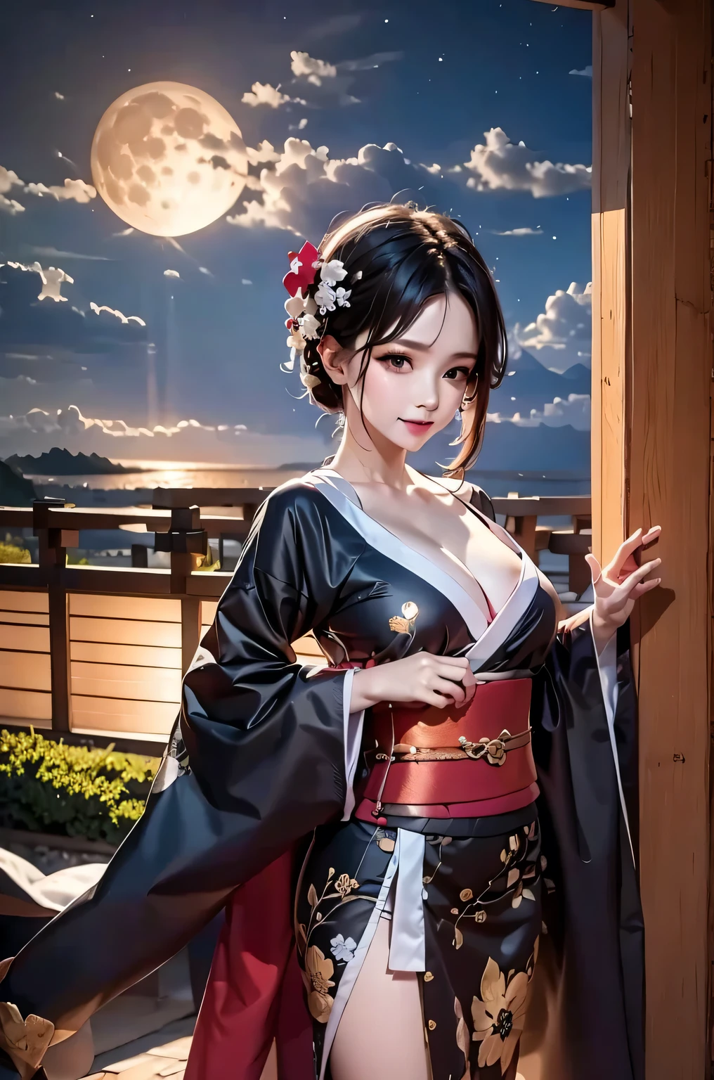 masterpiece:1.5, bestquality, 1girl, off shoukder kimono, black kimono, night scine, moon, fantasy.
