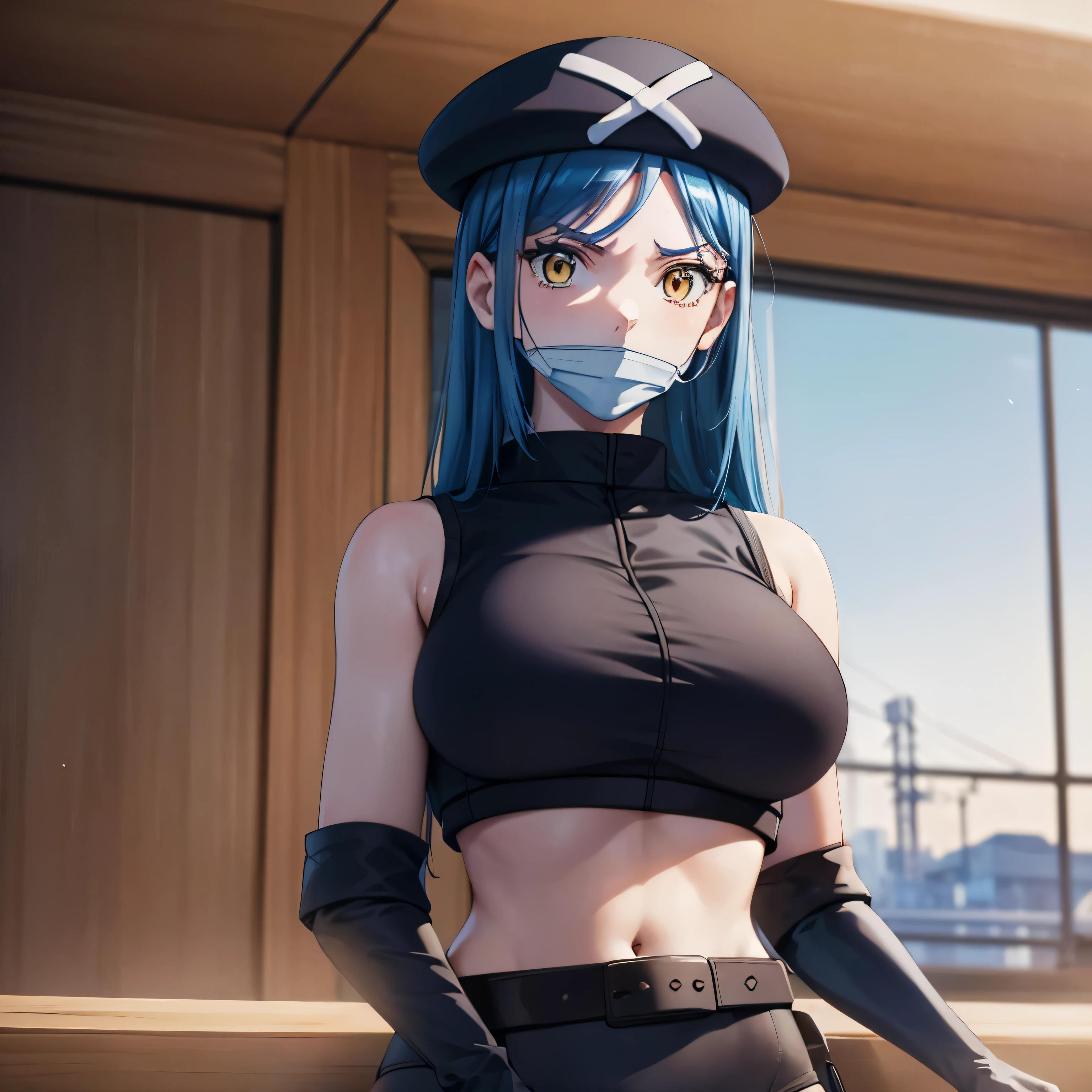 (insanely detailed, beautiful detailed face, masterpiece, best quality), ((masterpiece)),((best quality)),(highres), bokeh,  looking at viewer, solo, 1girl, cowboy shot, beret, grey bodysuit, vest, belt, mouth mask, large breast, huge breast,  himari azuma, long hair, hair rings, blue hair, yellow eyes