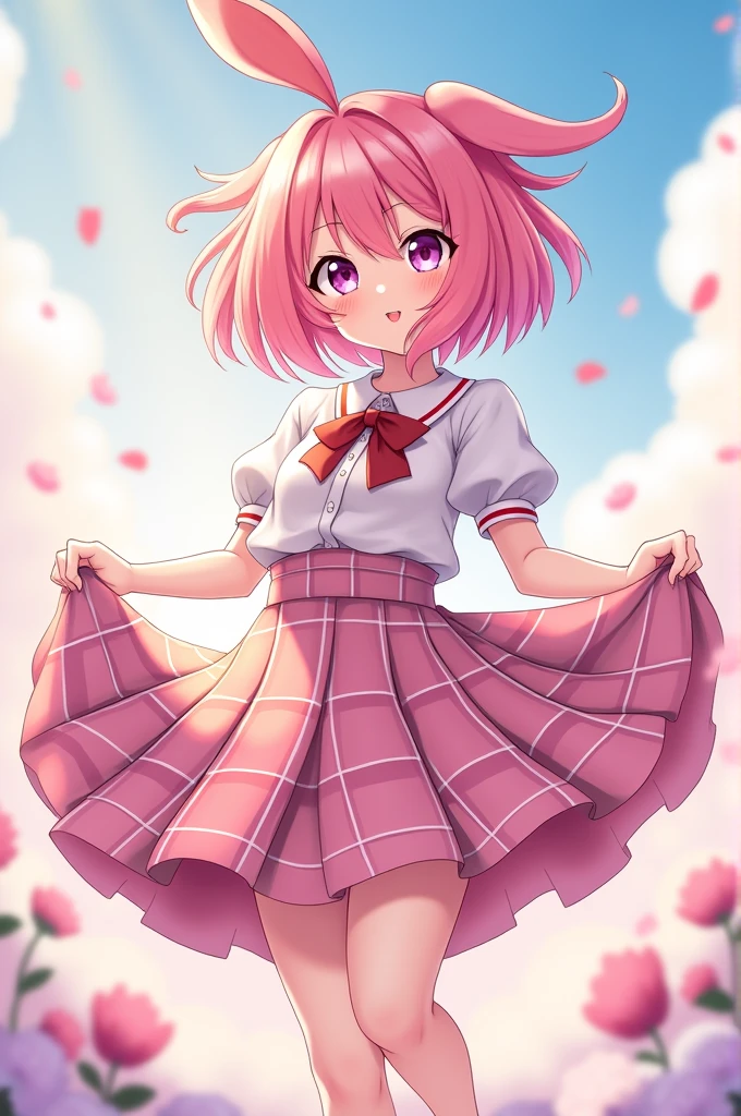 best quality, 1girl, sayori, portrait, solo, (light blush:0.5), (blush:0.2), short hair, pink hair, blue eyes, (small breasts:1.2), smile, (petite:0.5), 14 years old, (loli:1.7), sketch, (pink t-shirt:1.5), no bra, hair bow, red bow, (blue skirt:1.3), (nipple outline:0.9), (covered nipples:1.6), sunlight, sun beams, sitting on grass, sitting down, park, surrounded by flowers, (evening setting), sweet expression, (sfw:0.7), (ecchi:1.2), happy, (white panties:1.4)