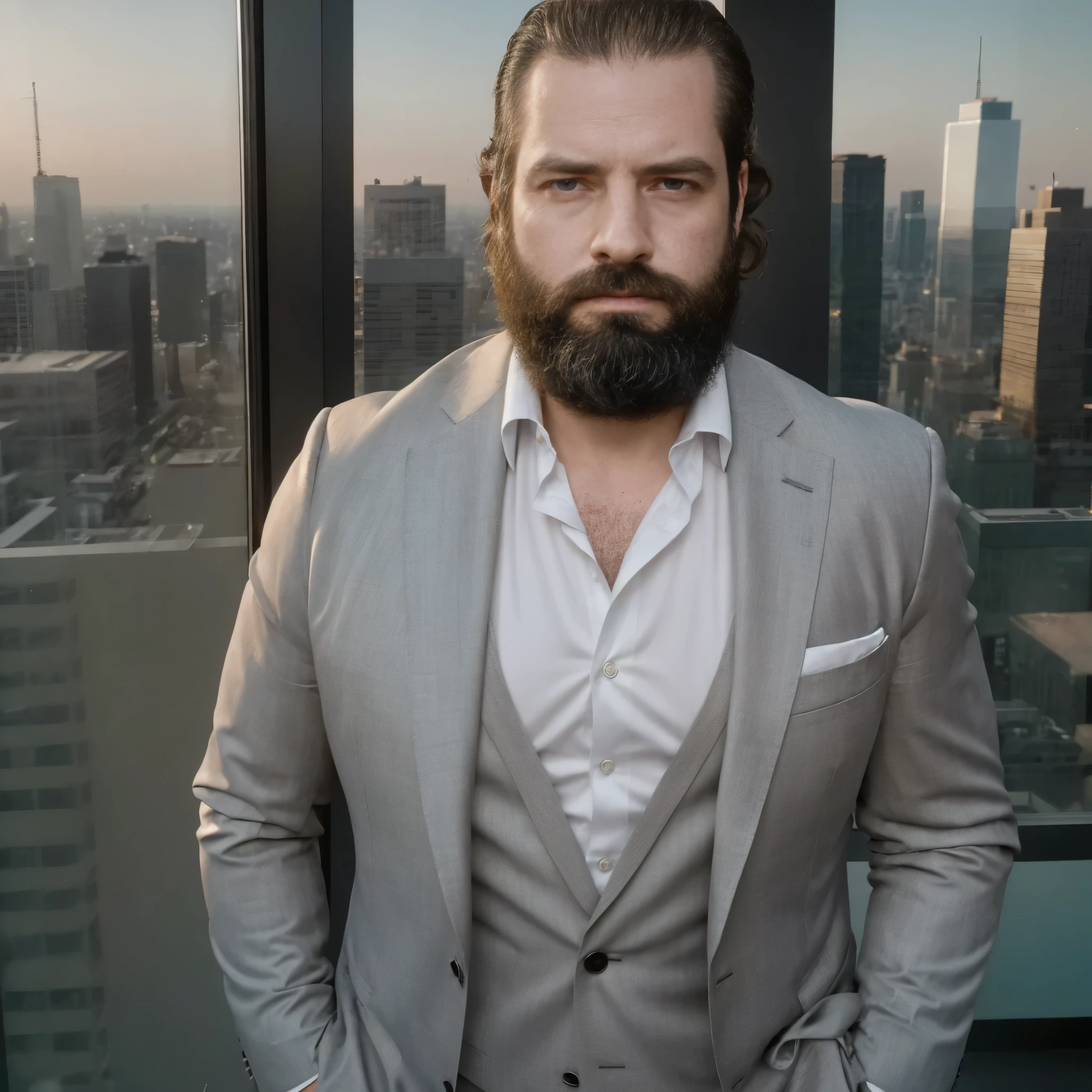 a white man, muscular, 3, with a defined beard, appears in the foreground, wearing a perfectly tailored grey suit that accentuates his strong build. The setting is a sleek office skyscraper with large windows displaying a dusk-lit city skyline.. The warm light of the sun is reflected in the suit, creating a dramatic contrast between the defined lines of her figure and the shadows that play on the fabric. the camera, at a high angle, captures his serious face and broad torso, while the jacket fits precisely to your waist and highlights your sophisticated bearing.

