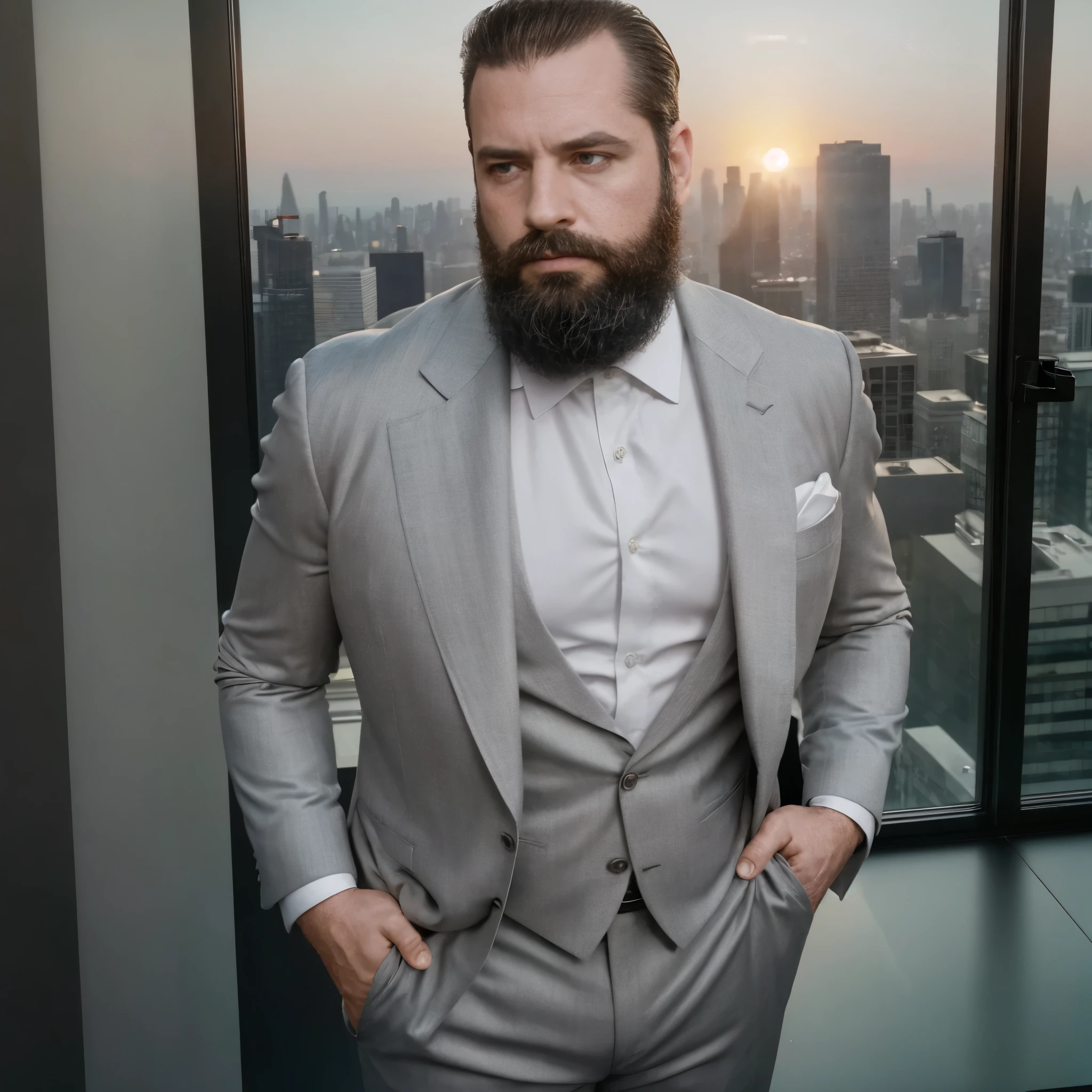 a white man, muscular, 3, with a defined beard, appears in the foreground, wearing a perfectly tailored grey suit that accentuates his strong build. The setting is a sleek office skyscraper with large windows displaying a dusk-lit city skyline.. The warm light of the sun is reflected in the suit, creating a dramatic contrast between the defined lines of her figure and the shadows that play on the fabric. the camera, at a high angle, captures his serious face and broad torso, while the jacket fits precisely to your waist and highlights your sophisticated bearing.

