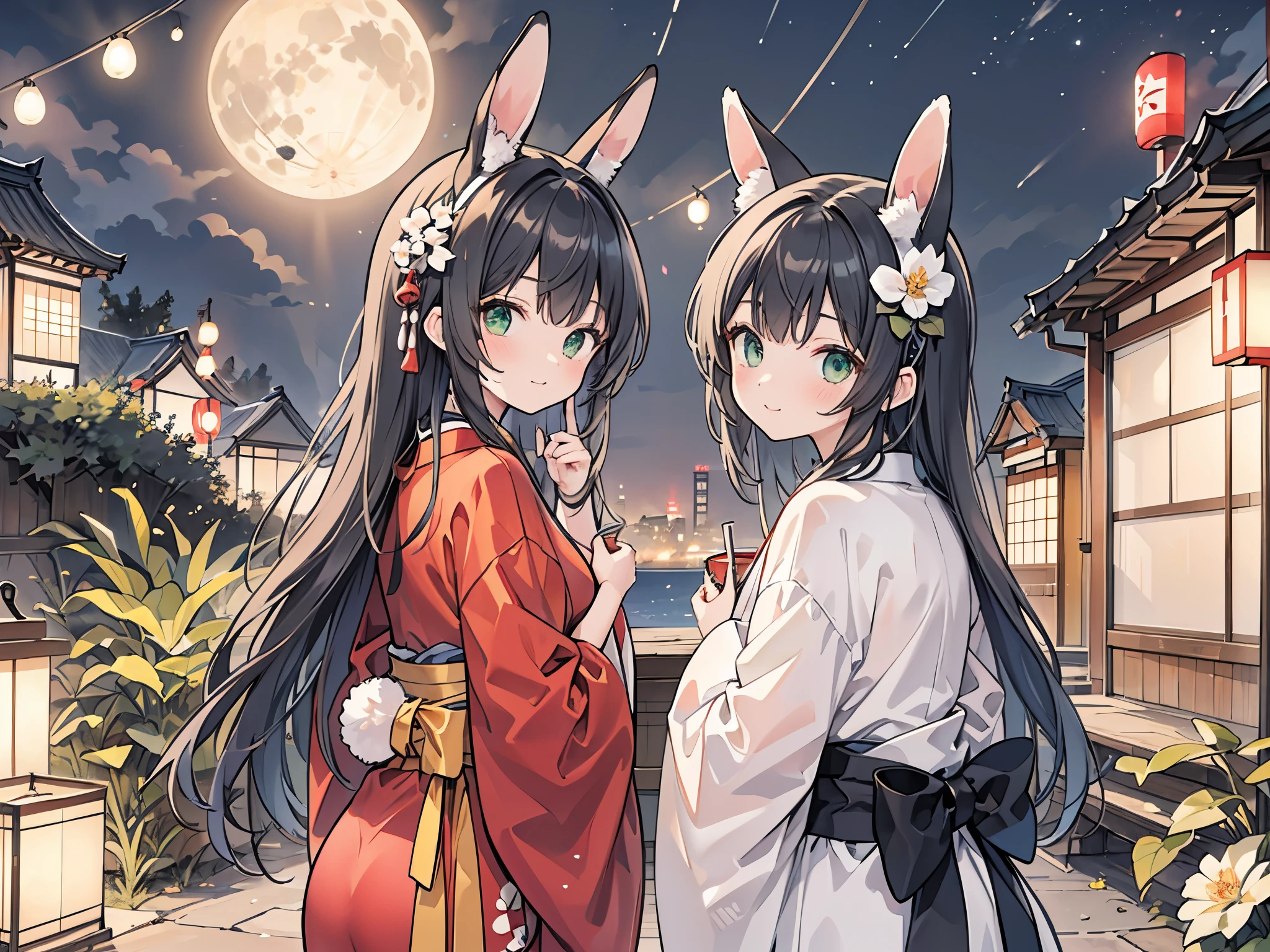 ((Best Quality, 8k, masterpiece: 1.3)),people間の***,１people,１peopleで,((Petite,Glamorous Body,Curvy)),cute,Happy expression,((Black Hair)),Long Hair,Beautiful emerald green eyes,((Put rabbit ears on your head,Rear view,sit,Wearing Japanese clothing)),Tsukimi,Bright night sky,Fifteenth Night,Gazing at the big full moon,((Offerings,A vase with a thin flower,Tsukimi団子,Drinking tea happily)),