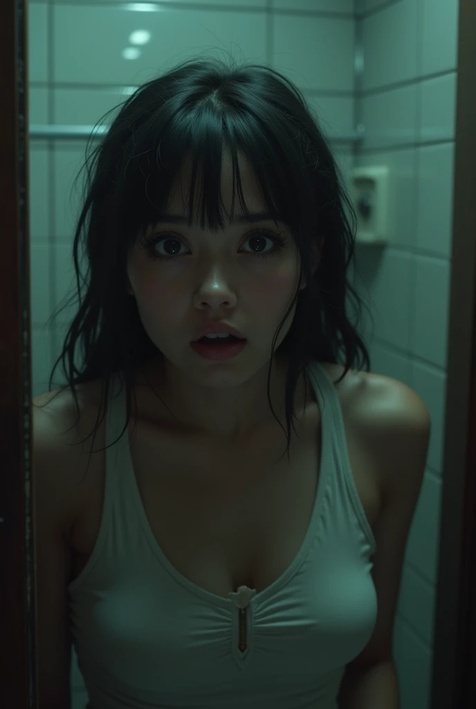 Picture of 2 people,,First person 18 year old japanese girl in old prison shower,black hair with pigtail haircut with bangs,comepletley nude her nipples, and her vagina, gray duct tape covering her vagina, thick thighs with big butt, standing up leaning forward towards camera under running shower,downblouse, hands chained to wall leanig againts wall with her ass out, small waste,large natural looking breast,dripping wet oily body,scared sad looking eyes. Sencond person in a male japanese prison guard standing behind her, mean angry face, giving female prisoner cavity search, strip search, groped, touching her butt uniform. Realisic photo, high def , light above girl.