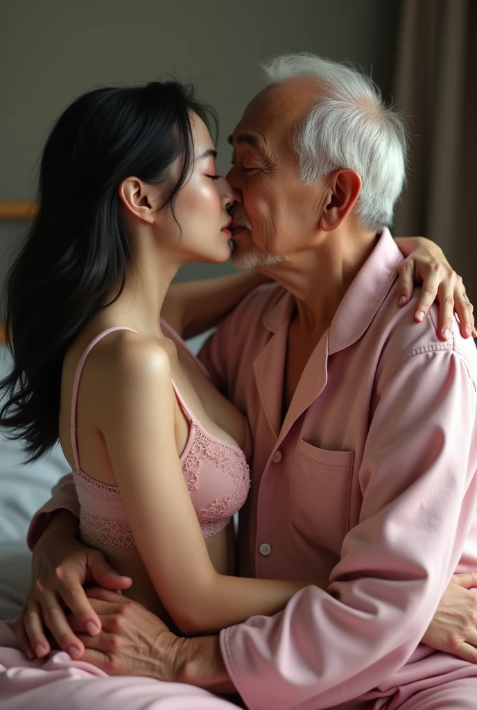 An old man and a young girl, 65 year old man, fat, gray hair, naked, 18 year old Korean girl, white skin and long black hair, perfect body proportions, big,  sexy, naked  body, old man holding girl, old man and girl.  The old man kissed the young girl in the bedroom, on the bed.  Sexy girl.  The girl's face was shy.  The old man is fat and ugly.  In fact, sexual positions.  Dirty old man, sperm.