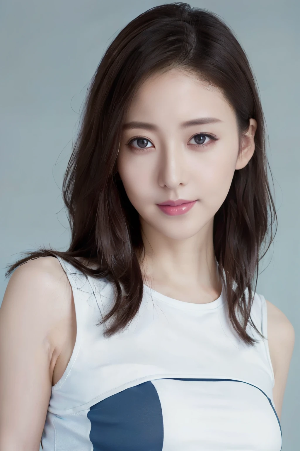 1 girl, beautiful vintage color, Instagram (photorealistic, high resolution: 1.4), staring viewer ((puffy eyes)), full body (8k, RAW photo, highest quality, masterpiece: 1.2), (realistic, photorealistic): 1.37), (sharp focus: 1.2), professional lighting, photon mapping, Radiosity, Physically Based Rendering, (White Skin: 1.2), (Small: 1.2), Viewer's Gaze, (Medium Short: 1.5), Portrait, Purple Eyes, (Silver Hair: 1.1), Bangs, (Simple Background: 1.4), Solo, Upper Body, Realistic, (Masterpiece: 1.4), (Best Quality: 1.4), (Glossy Skin), Fashion Girl, Makeup, Smile (Skinny, Mouth Closed, Shy :1.3), (Standing, Light Blue Tennis Wear, Necromancer: 1.1), Medium Bust, Sexy Pose, (Smile)