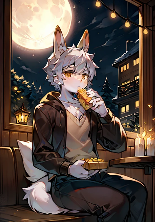 Brown bunny,cute,Handsome,boy,Big furry tail,Silver hair,Golden Eyes,Sitting by the window,Moon Viewing,Big full moon,Eating mooncakes,Wearing clothes,Rabbit ears,Rabbit Tail,Brown fur,Detailed background,masterpiece