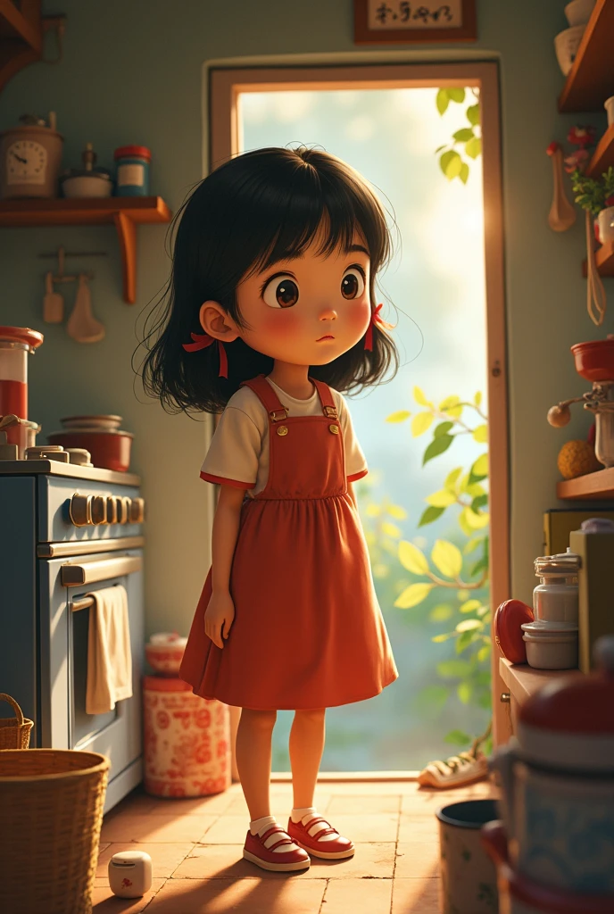 A girl wearing yellow sleeveless frock sitting inside a house and looking at the crockery and decorations and feeling nostalgic and another girl looking at the girl wearing yellow frock