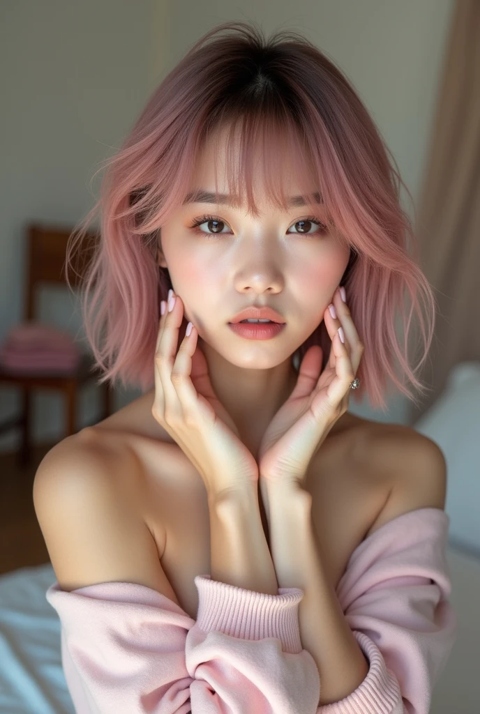 A woman, japanese, sensual, she is an adult, light pink hair styled in a lob, (((a woman with light pink hair 1.7)))(((very beautiful))), perfect faces, she is surrounded by sakura flowers in her room, dark and cool palette, red dress that fits her body, green eyes, 8K, freckles on her face, beautiful breasts, extremely detailed, (high quality, realistic, photorealistic: 1.37), ideal proportions and defined skin, meticulously crafted features, unapproachable beauty, perfection, artistic art, vivid realism, hyper-detailed sculpting, realistic shapes, truly inspiring, impeccable craftsmanship, pure brilliance, ethereal beauty, delicate contours, striking poses, sublime beauty, subtle nuances, dynamic compositions, vibrant colors, perfect lighting, moving expressions, heavenly aura, majestic presence, dreamlike atmosphere, unmatched high level of detail, high octane rendering on artstation, 8k art photography, concept art photorealistic, cinematic volumetric soft natural light, chiaroscuro, award winning photography, fine art, oil on canvas, beautiful, detailed, intricate, insane
