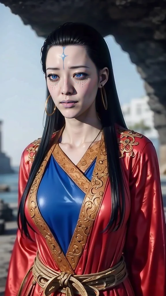 (（（Perfect body,White and tender skin,（（（Wearing a blue and red robe）））,(（（Black Myth: Wukong - Kang Jinlong，forehead mark，Blue marks on the forehead, rings on both ears,））),((masterpiece)),highres,((Best quality at best)),masterpiece,quality,Best quality,(（（ Exquisite facial features,Looking at the audience,There is light in the eyes, ）））,Huge breasts）））