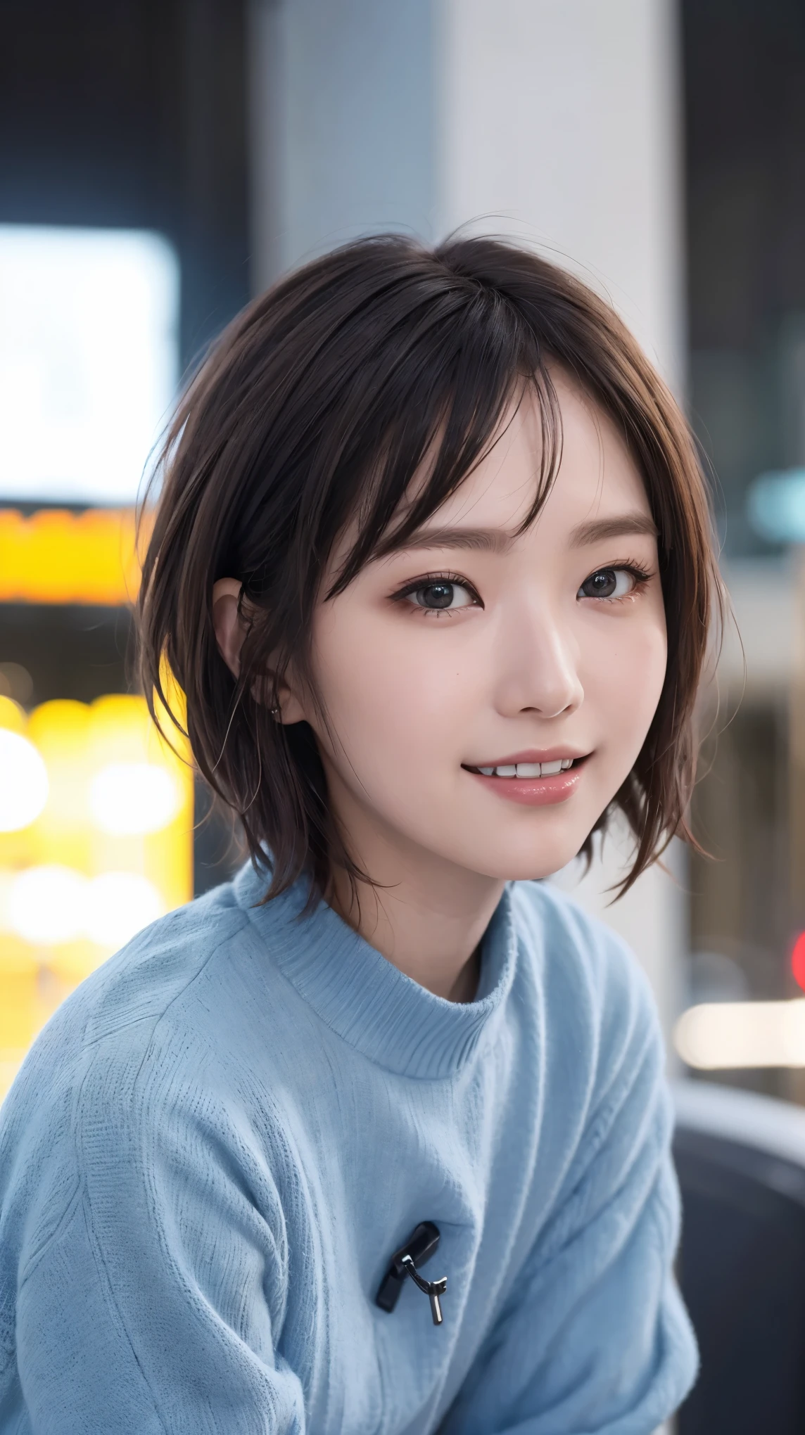 masterpiece, Best Quality, Highest quality, beautiful girl, Cute Face, 8k, Official Art, RAW Photos, When you go out in the city during the hot season, please wear cool clothes., (Asymmetrical Short Hair+Short cut:1.3), Teen, Face Light, Film Grain, chromatic aberration, Sharp focus, Please give me your gaze, Very happy smile, Show me your little teeth, Dynamic Lighting, Cinema Lighting, ID photo, Photo of your face, Upward glance, Staring at the audience