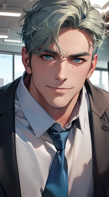 (best quality,4k,8k,highres,masterpiece:1.2),ultra-detailed,(realistic,photorealistic,photo-realistic:1.37),1 man,3,mature man,very handsome,without expression,smile,short grey green hair,blue eyes,penetrating gaze,perfect face without errors,imposing posture,businessman,office background,cinematic lighting,hdr image