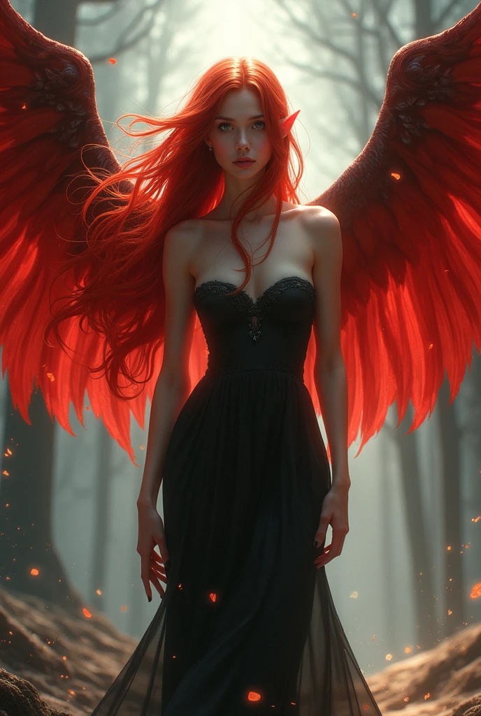 high quality 4k, a demon girl, a fallen angel with bright red wings behind her back, in a miniskirt, in a short top, very beautiful, she looks 18 years old, red hair falls from her shoulders, all this against the background of a detailed black hole in red tones