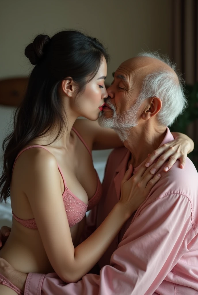 photo of an ugly javanese old man, wrinkled and slightly bald, with tongue out while drooling, very skinny and neatly trimmed beard and moustache wearing batik tshirt sitting intimately, in a sexual act on the couch with an exquisitely beautiful and elegant japanese woman, medium brown hair, begorgeous round eyes, radiant white skin tone, a thick body and curvy hips, with huge saggy breasts, pulling down her bra to expose her breasts, breasts out, sexual and erotic moments, erotic lighting, highly detailed features, detailed background, full body capture, dynamic view, intimate atmosphere, highres, intricate detail