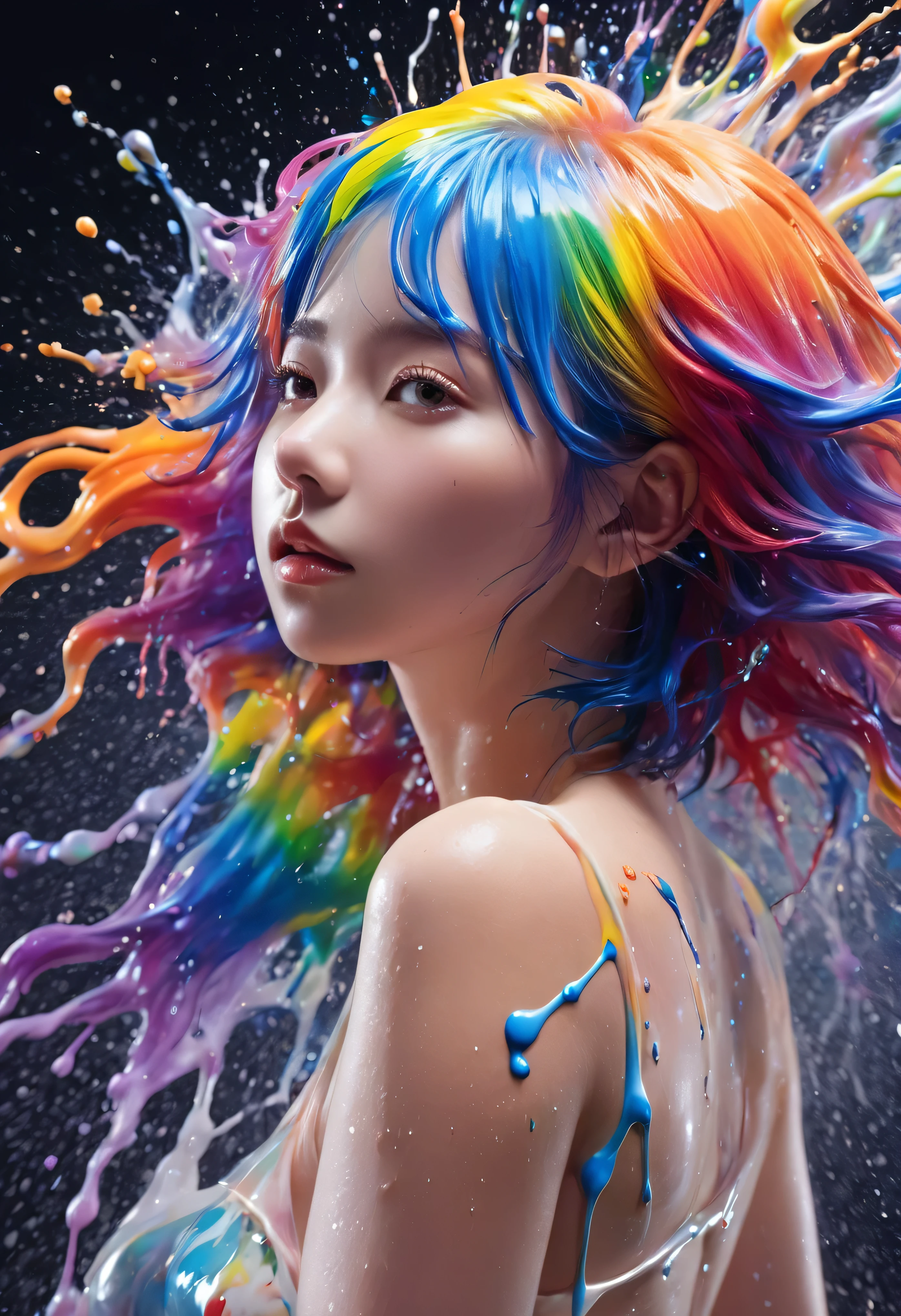 (Level Difference:1.8),(Paints collide、Splatter on canvas),(Written boundary depth),(Flat Color:1.1,(Theme)),1 person,Poster,, Young Face, Embarrassed expression, short hair, Completely naked, Medium Bust, (((She is getting liquid dye painted on her bare body with a brush..:1.4))), ((I see many hands holding brushes:1.4)), (Applying liquid dye to bare skin:1.4), full body female love,Strong winds,thick smoke,,(liquid dye for rainbow hair:1.1) I drew，anti-gravity,stringy viscous liquid,(Paint splashes:1.3),liquidity,Amazingly beautiful, masterpiece, Detailed Background,Super high quality model, wonderful background,Abstract Beauty, Volume, Painting,Blowing,Romantic lighting,Scattered under the surface,Shine,8k,High resolution, wonderful,Ray Tracing,Human Development Report,Divine Light,((hard nipples erect:1.4)), (nipples pointing up:1.4),