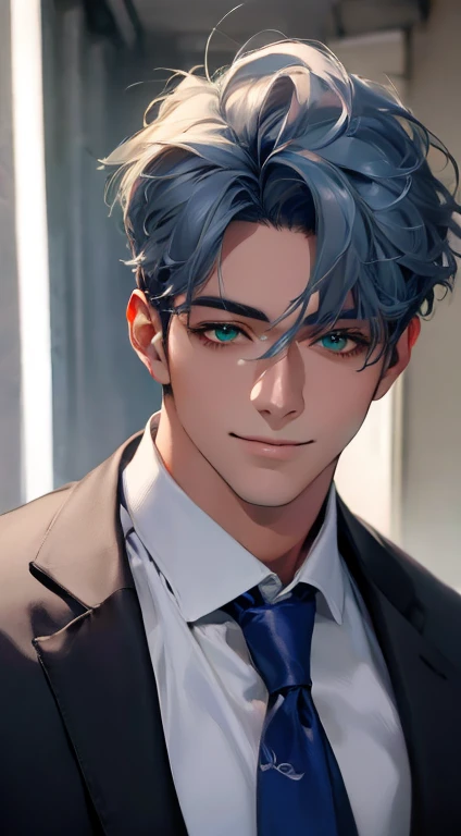 (Highest quality,4K,8K,High resolution,masterpiece:1.2),Super detailed,(Realistic,photoRealistic,photo-Realistic:1.37),1 personld,Mature Men,Beautiful skin、very handsome,Expressionless smile in love,Short gray blue hair,green eyes,Sharp Eyes,A perfect face without a doubt,Businessman,Office Background,Cinema Lighting,HDR image,tie、