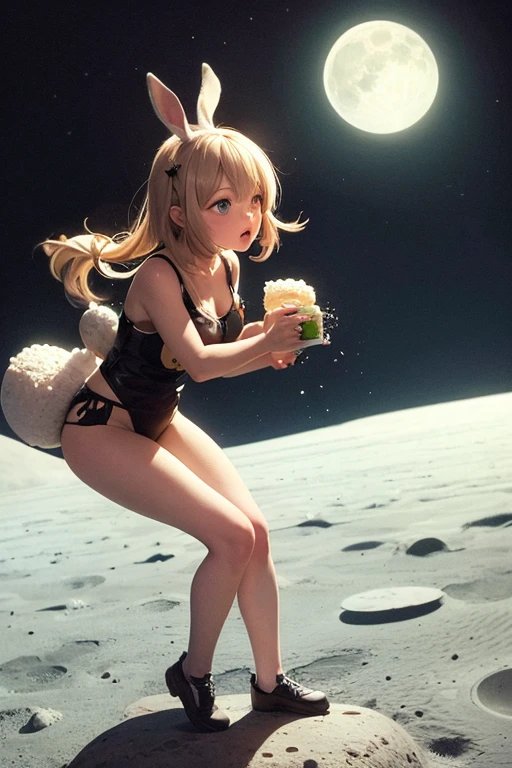 Yayoi Kusama, (dark skin: 0.5), (tanlines:1.1), (school swimsuit tan:1.2),(gyaru:1.3), fusion of nipple seal and low-rise shorts, small, female brat, thick eyebrows, thin waist, pigtails, beautiful blonde hair, braid, rabbit ears, (masterpiece), ((highest quality)), (super detailed), girl, clean and detailed face, five fingers, Textile shading, perfect human structure, perfect anatomy,