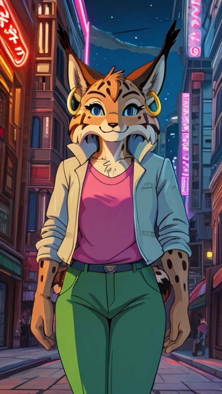 ((anthro furry:1.2),1girl, solo, female, lynx), highly insanely detailed, masterpiece, top quality, best quality, highres, 4k, 8k, RAW photo),((innocent look)),((ghibli style)),From the front, symmetrical composition,smile,cute,Innocent,Kind eyes, Flat chest,digital art Style, night, city, tokyo, street, akihabara, neon lights, (MiyuCzar), front view, Upper body,  (brown fluffy fur, lynx ears, blue eyes, small breasts, gold hoop ear ring), (grey jacket, pink shirt, green pants, gloves)