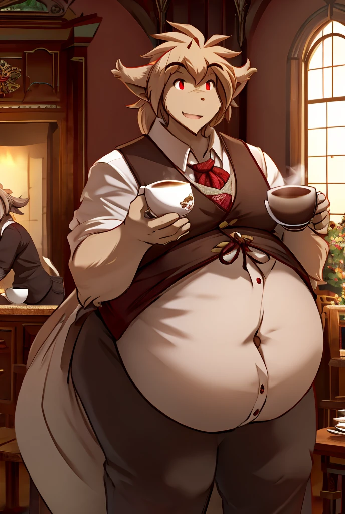 (Best quality: 1.0), (Super High Resolution: 1.0), (masterpiece, best quality:1.2), detailed, detailed hands, detailed eyes, score_9, score_8_up, score_7_up, furry, anthro, ((ram)), ((solo)), grandpa, (about 70 years old), (manly), curved horns, handsome face, huge, bangs, white beard, beard above mouth, fluffly fur, nipples, looking pleasured, sexually, sexy pose, SFW, coffee shop, (apron), nude, bulge, flaccid, in heat, panting, sweat, sweaty, musk, (skinny, shy), hands touching, (looking at viewer, shy), blushes:0.3, close up view, (by bebebebebe, by syuro)