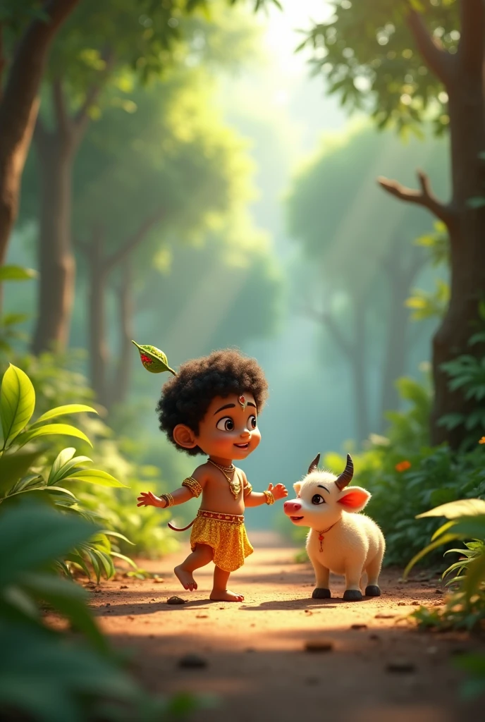Little Krishna dev sit down on tree with cows