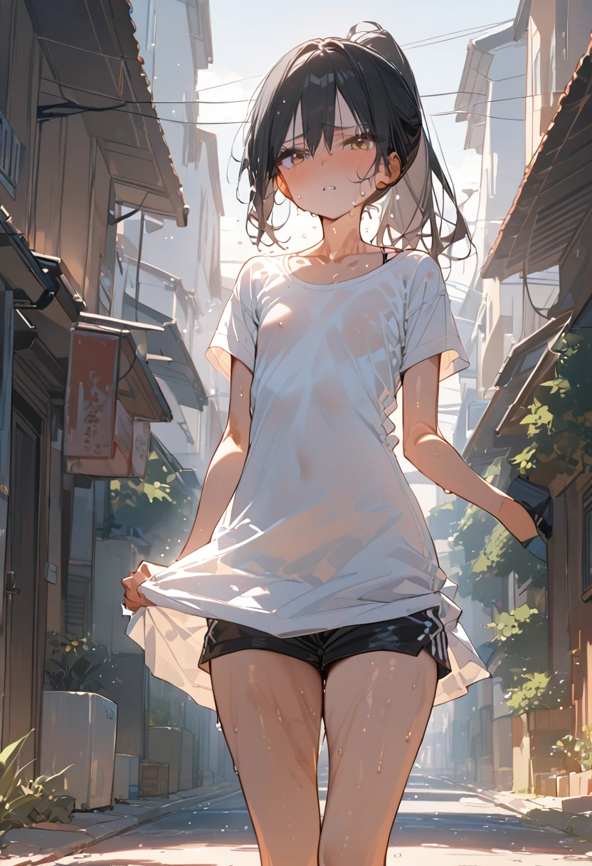 ，Girl，Flat chest，Sunburned skin，Black Hair，ponytail，Thighs，sweat，side，Residential Street，T-Shirts，Shorts，Pull on the neck of the dress