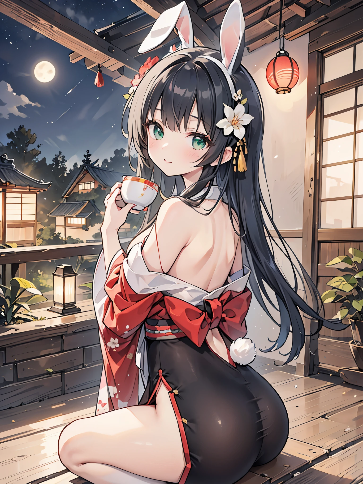 ((Best Quality, 8k, masterpiece: 1.3)),people間の女の子,１people,１peopleで,((Petite,Glamorous Body,Curvy)),cute,Happy expression,((Black Hair)),Long Hair,Beautiful emerald green eyes,((Put rabbit ears on your head,Rear view,sit,kimono)),Tsukimi,Bright night sky,Fifteenth Night,Gazing at the big full moon,((Offerings,A vase with a thin flower,Tsukimi団子,Drinking tea happily)),