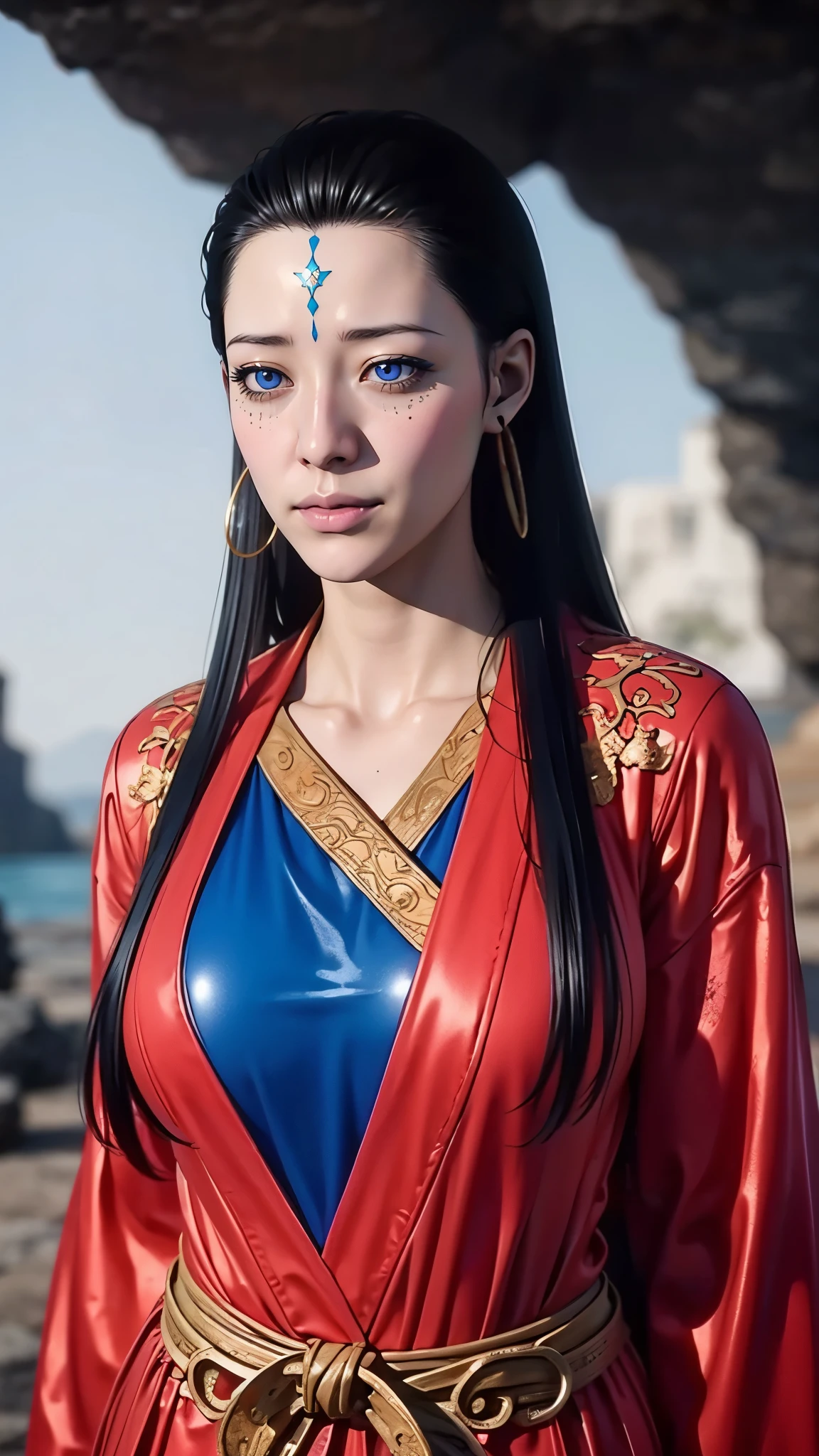 (（（Perfect body,White and tender skin,（（（Wearing a blue and red robe）））,(（（Black Myth: Wukong - Kang Jinlong，forehead mark，Blue marks on the forehead, rings on both ears,））),((masterpiece)),highres,((Best quality at best)),masterpiece,quality,Best quality,(（（ Exquisite facial features,Looking at the audience,There is light in the eyes, ）））,Huge breasts）））