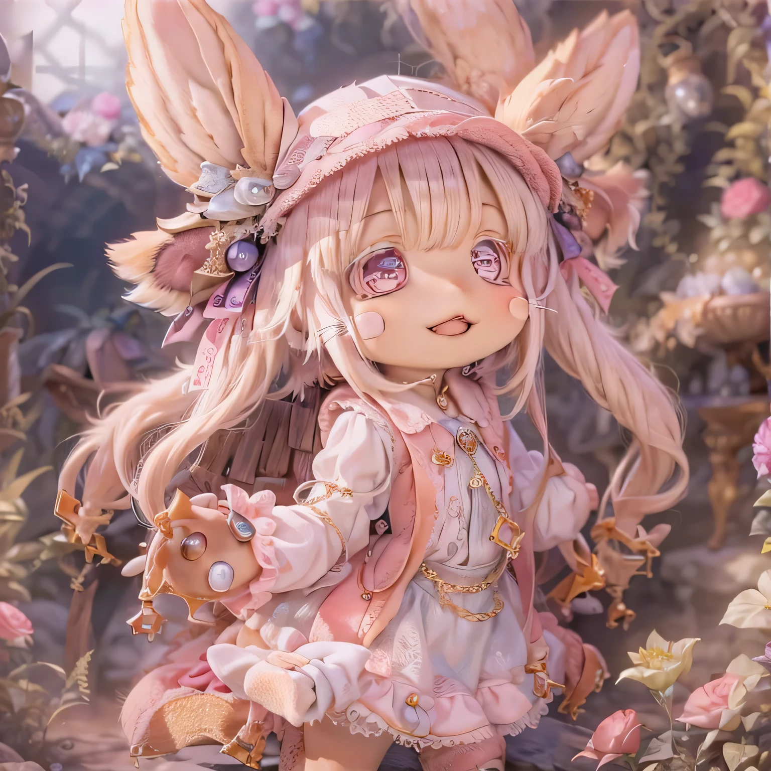 In the garden, smile, Similar to Nanachi from Made in Abyss. She is beautiful, Beautiful eyes and lips.  (((Chibi Style,))) . Image quality is excellent, Highly detailed and realistic features. The medium of this work is、Combining illustration and photorealistic rendering.. The colors are vivid、The lighting creates a warm and bright atmosphere。 whole body(((((Cute pink dress)))))Contrasting cute poses