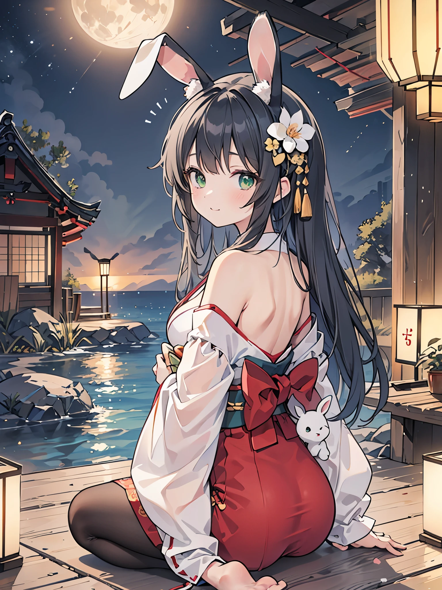 ((Best Quality, 8k, masterpiece: 1.3)),people間の***,１people,１peopleで,((Petite,Glamorous Body,Curvy)),cute,Happy expression,((Black Hair)),Long Hair,Beautiful emerald green eyes,((Put rabbit ears on your head,Rear view,sit,Kimono Pose)),Tsukimi,Bright night sky,Fifteenth Night,Gazing at the big full moon,((Offerings,A vase with a thin flower,Tsukimi団子,Drinking tea happily)),