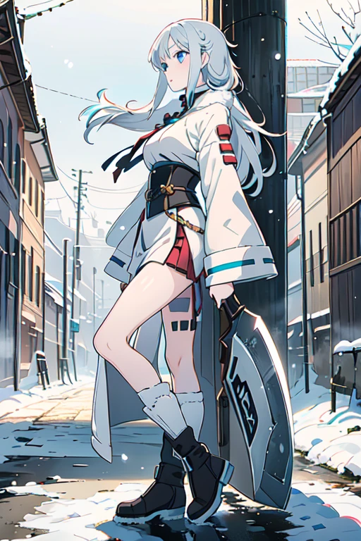 "A full-body illustration of a more adult woman with white skin, very long white twin braids, inspired by [[Angewomon.]] She has blue eyes and a fierce yet graceful expression, looking to the side. Her outfit combines a Nordic winter style with flowing, elegant clothing, including a fur-trimmed coat, a corset, and heavy winter boots. Her clothes have torn fabric details, giving her a rugged yet ethereal look. She holds a large axe in one hand, while a beer mug hangs from her waist. The scene has a wintry, mystical feel with a gradient background transitioning to grey. Miniskirt, medium breasts, "