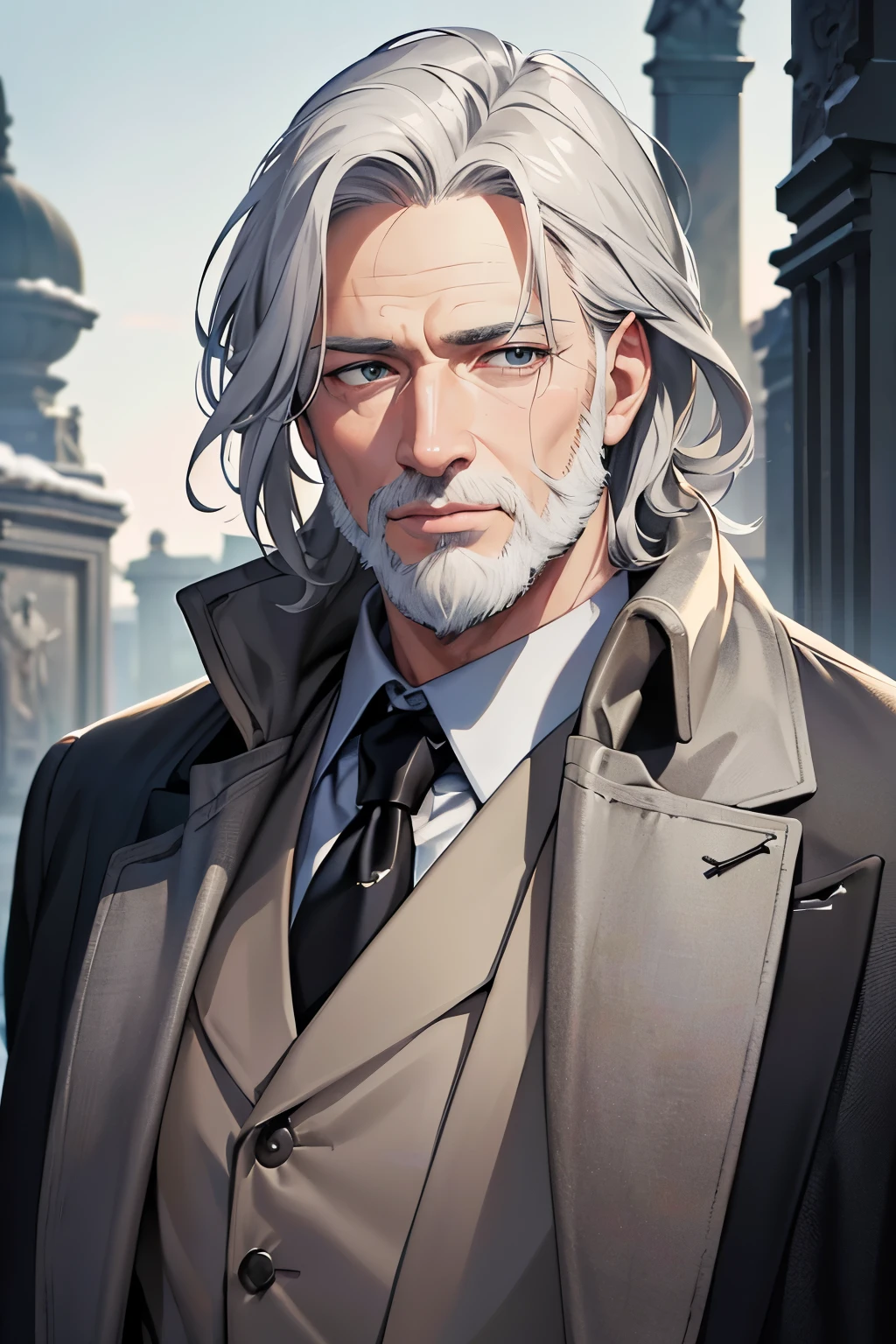 masterpiece, best quality, 1man, grey hair, gray eyes, coat, old, beard, short hair, anime, cemetery, graveyard, detailed eyes, detailed facial features, realistic and high resolution (best quality, 4k, 8k, highres, masterpiece:1.2)