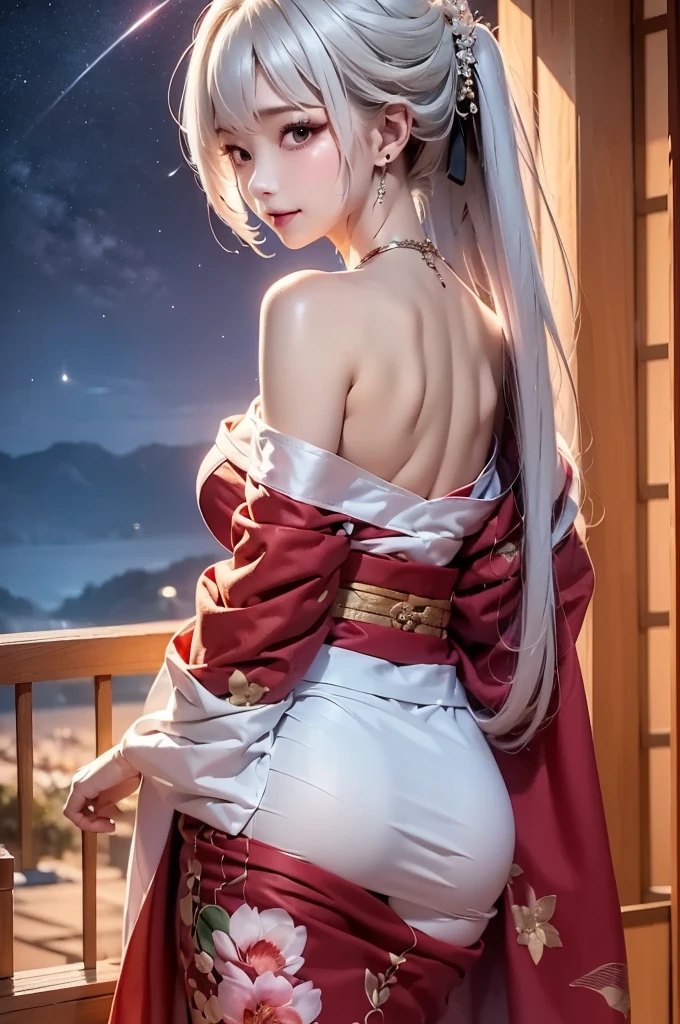 masterpiece, best quality, highly detailed, 1girl, white hair, off shoulder, off shoulder kimono, black and red kimono, Matte texture clothing. look up at the night sky. from side. nape, look back
