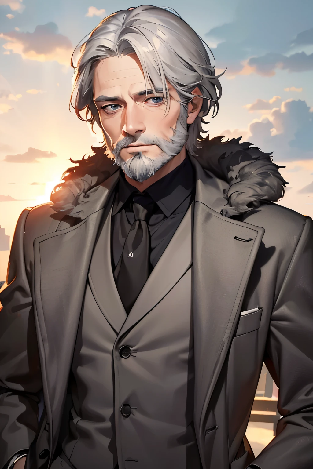 masterpiece, best quality, 1man, grey hair, gray eyes, coat, old, beard, short hair, anime, cemetery, graveyard, detailed eyes, detailed facial features, realistic and high resolution (best quality, 4k, 8k, highres, masterpiece:1.2)