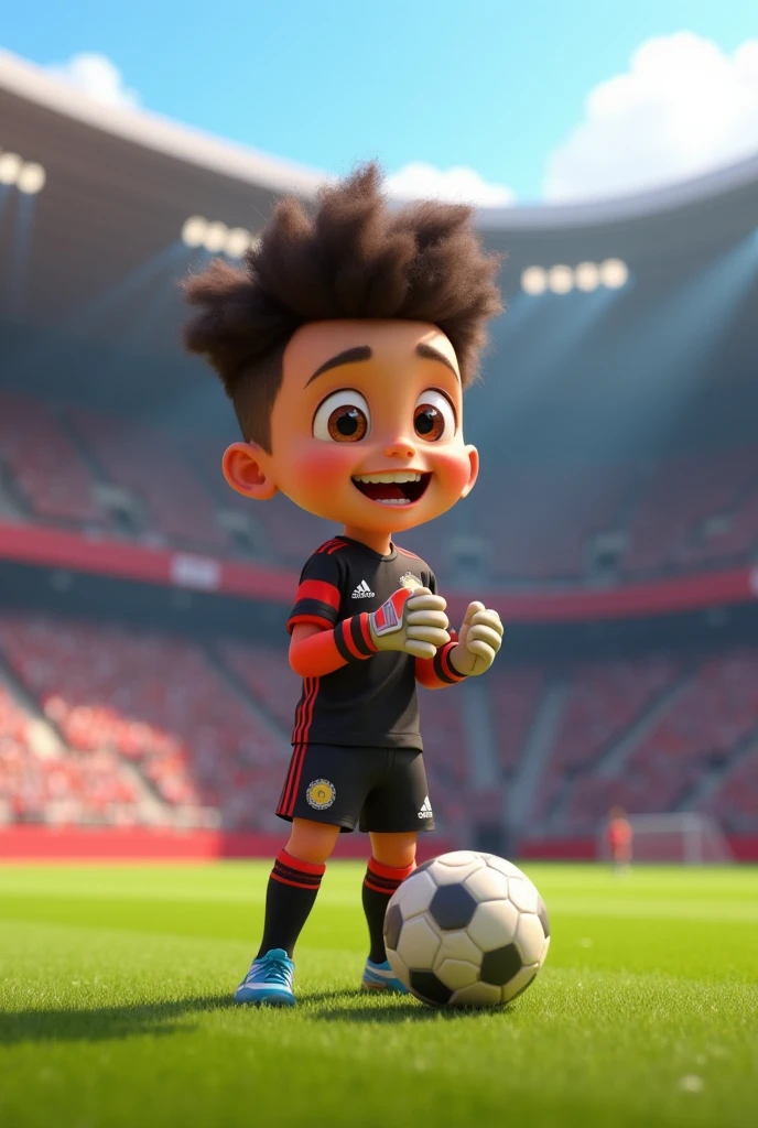 Create Marvel Character, boy 6 years old, short blue curly hair, dark shaped eyes, skin black, wearing the black and red flamengo uniform, shirt 10 , soccer field background