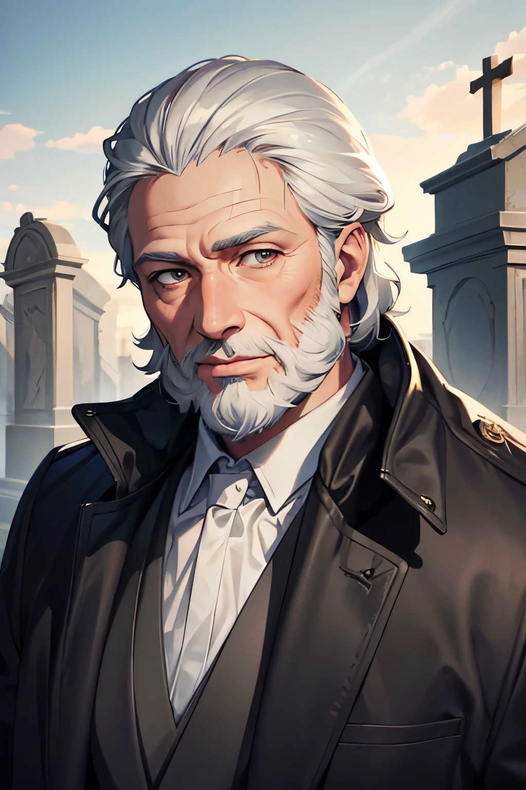 masterpiece, best quality, 1man, grey hair, gray eyes, coat, old, beard, wrinkles, short hair, anime, cemetery, graveyard, detailed eyes, detailed facial features, realistic and high resolution (best quality, 4k, 8k, highres, masterpiece:1.2)