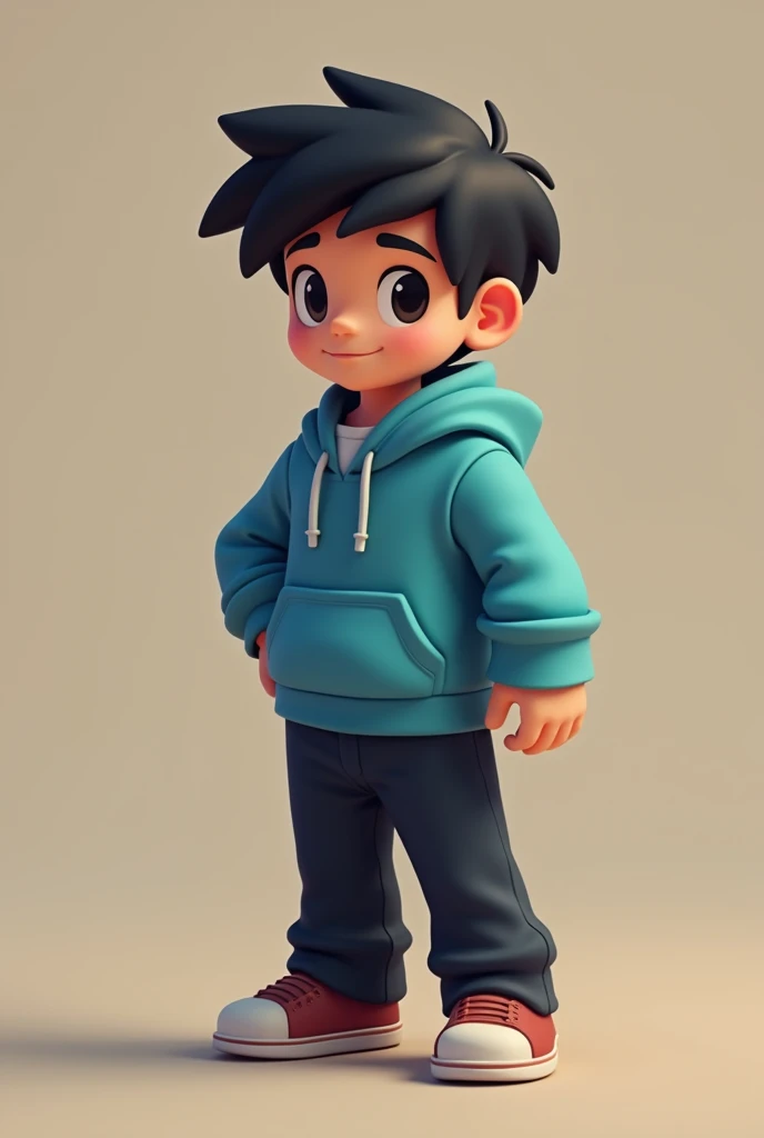full body of boy, an energetic young lad with a mischievous twinkle in his eyes, clad in a vibrant blue hoodie and a pair of faded jeans --chaos 0 --q 2 --v 4, full HD, Masterpice:1.6, realistic illustrated photography, digital