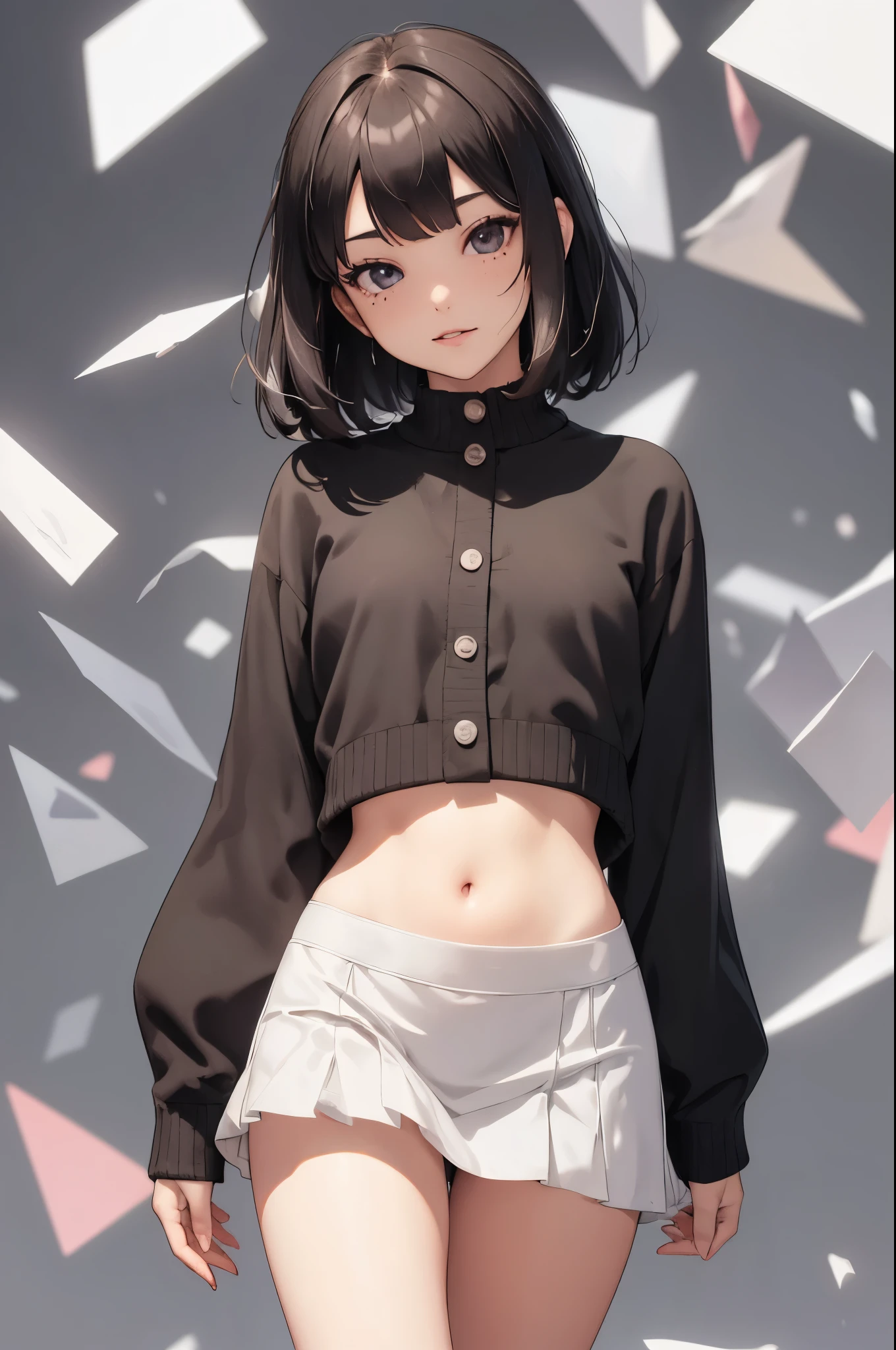 4K, masterpiece, 8k, high quality, high quality,A cute student, Very white skin, long brown hair，a bit，Low length，freckles，Thin eyebrows，Straight bangs，(Flat Chest) ，feminine, Tilt, elegant, elegant, cute, smile, cute, Hilarious, belly button, white panty shot Low Rise Mini Skirt, ((Black knee socks)), ((Gray background))