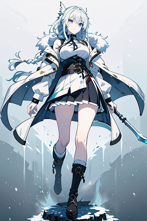 "A full-body illustration of a more adult woman with white skin, very long white twin braids, inspired by [[Angewomon.]] She has blue eyes and a fierce yet graceful expression, looking to the side. Her outfit combines a Nordic winter style with flowing, elegant clothing, including a fur-trimmed coat, a corset, and heavy winter boots. Her clothes have torn fabric details, giving her a rugged yet ethereal look. She holds a large axe in one hand, while a beer mug hangs from her waist. The scene has a wintry, mystical feel with a gradient background transitioning to grey. Miniskirt, medium breasts, breasts out, ((breast exposed)), spread legs, breasts apart, standing stance. "