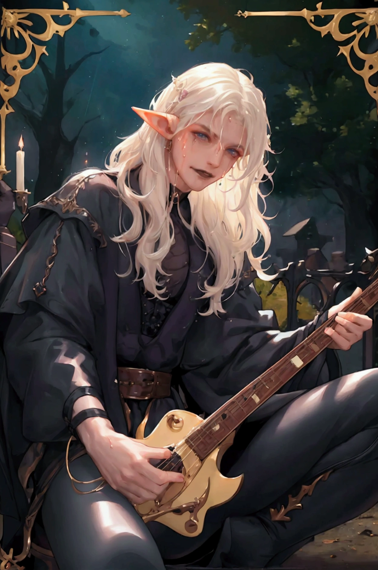 Best quality, 1 beauty male, Wavy Hair, Adult Male Elf, He is Playing Drums, Spread Legs, Happy, Laugh, ((Gothic Rock)), Dynamic Angle, Outdoor, A Music festival in the sky under the stars, Big Balls, Gay, Sexy, (Dramatic Story), (((Masterpiece))), ((Pale Skin With Shiny)), ((Ultra Detailed Face & Eyes & Fingers with Hairs & Clothing), (((Gothic intricate design))), Slim muscle, Adult body, Splash Sweat, Soaking wet clothing, ((Windy)), People are Taking a picture,