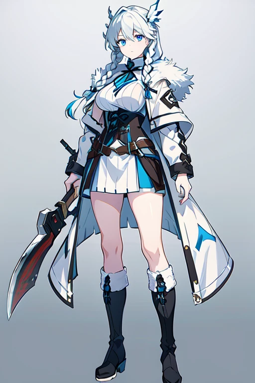 "A full-body illustration of a more adult woman with white skin, very long white twin braids, inspired by [[Angewomon.]] She has blue eyes and a fierce yet graceful expression, looking to the side. Her outfit combines a Nordic winter style with flowing, elegant clothing, including a fur-trimmed coat, a corset, and heavy winter boots. Her clothes have torn fabric details, giving her a rugged yet ethereal look. She holds a large axe in one hand, while a beer mug hangs from her waist. The scene has a wintry, mystical feel with a gradient background transitioning to grey. Miniskirt, medium breasts, breasts out, oppen shirt, ((breast naked)), spread legs, breasts apart, standing stance. "