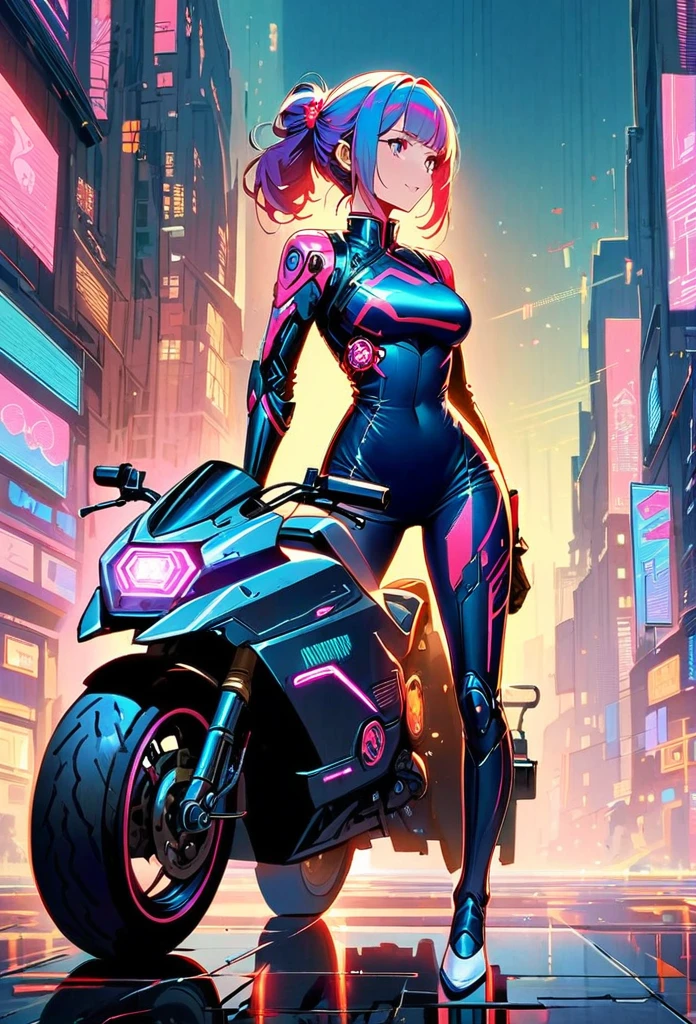 araffe with pink hair and a black and white outfit posing on a motorcycle, biomechanical oppai, oppai cyberpunk, fully robotic!! catgirl, perfect android girl, perfect anime cyborg woman, anime robotic mixed with organic, gynoid cyborg body, cute cyborg girl, girl in mecha cyber armor, anime manga robot!! anime girl --auto --s2