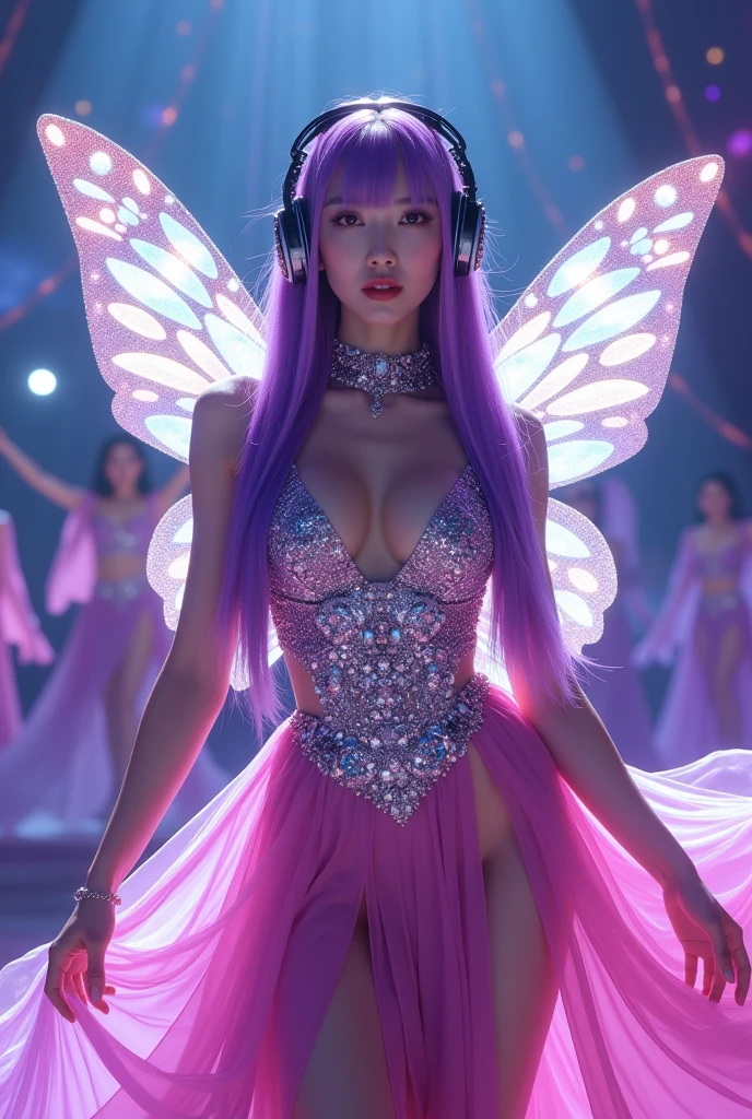 Korean butterfly woman with purple hair wearing golden headphones and a short, sexy, gold Egyptian Goddess outfit. Perfect, very short, showing her buttocks.