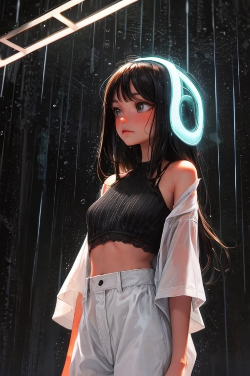 ultra-detailed, vibrant colors, soft natural lighting, fine art, bokeh effect. upper body, casual outfit, medium shot, big eyes, huge eyes, ((standing)), ((raining:1.4)), under the rain, ((gray colours:1.5)), ((at night)), ((dark atmosphere:1.5)), ((small breasts:1.3)), ((flat chest)), ((neon lights:1.4))