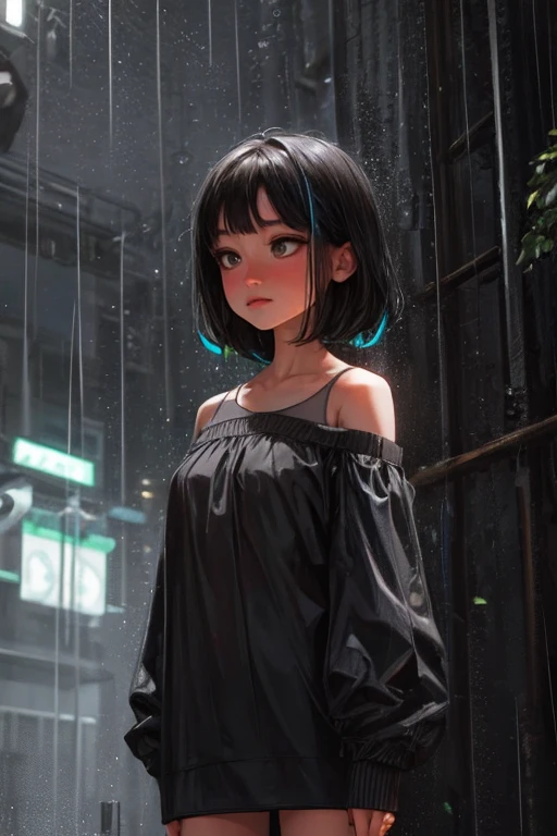 ultra-detailed, vibrant colors, soft natural lighting, fine art, bokeh effect. upper body, casual outfit, medium shot, big eyes, huge eyes, ((standing)), ((raining:1.4)), under the rain, ((gray colours:1.5)), ((at night)), ((dark atmosphere:1.5)), ((small breasts:1.3)), ((flat chest)), ((neon lights:1.4))