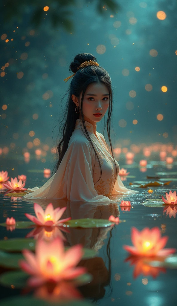 In the wind, in a small pool of water that is as clear as a mirror, of the night stars, blowing small white flower petals. A full-body picture has a beautiful, sweet young woman, 25 years old, wearing a white Thai dress with blue and gold sparkles, a white and gold sarong, a blue and gold sparkle shoulder cloth, long black hair, tied loosely, playing in that pool of water. The scene is beautiful like a dream, a scene of a small orange lotus pond, glowing and shimmering. Three-dimensional picture, oil painting, art picture of Professor Chalermchai.