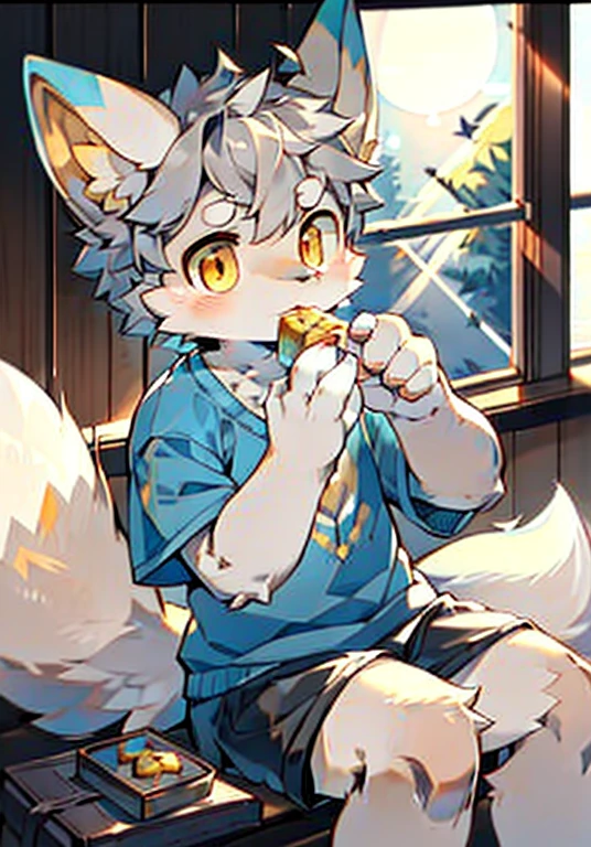 Wolf Boy,furry men,femboy,Sickly,Cute appearance,Short stature,Characteristics of three-year-old boy,Summer short sleeves with jacket,Shorts don't stand out
