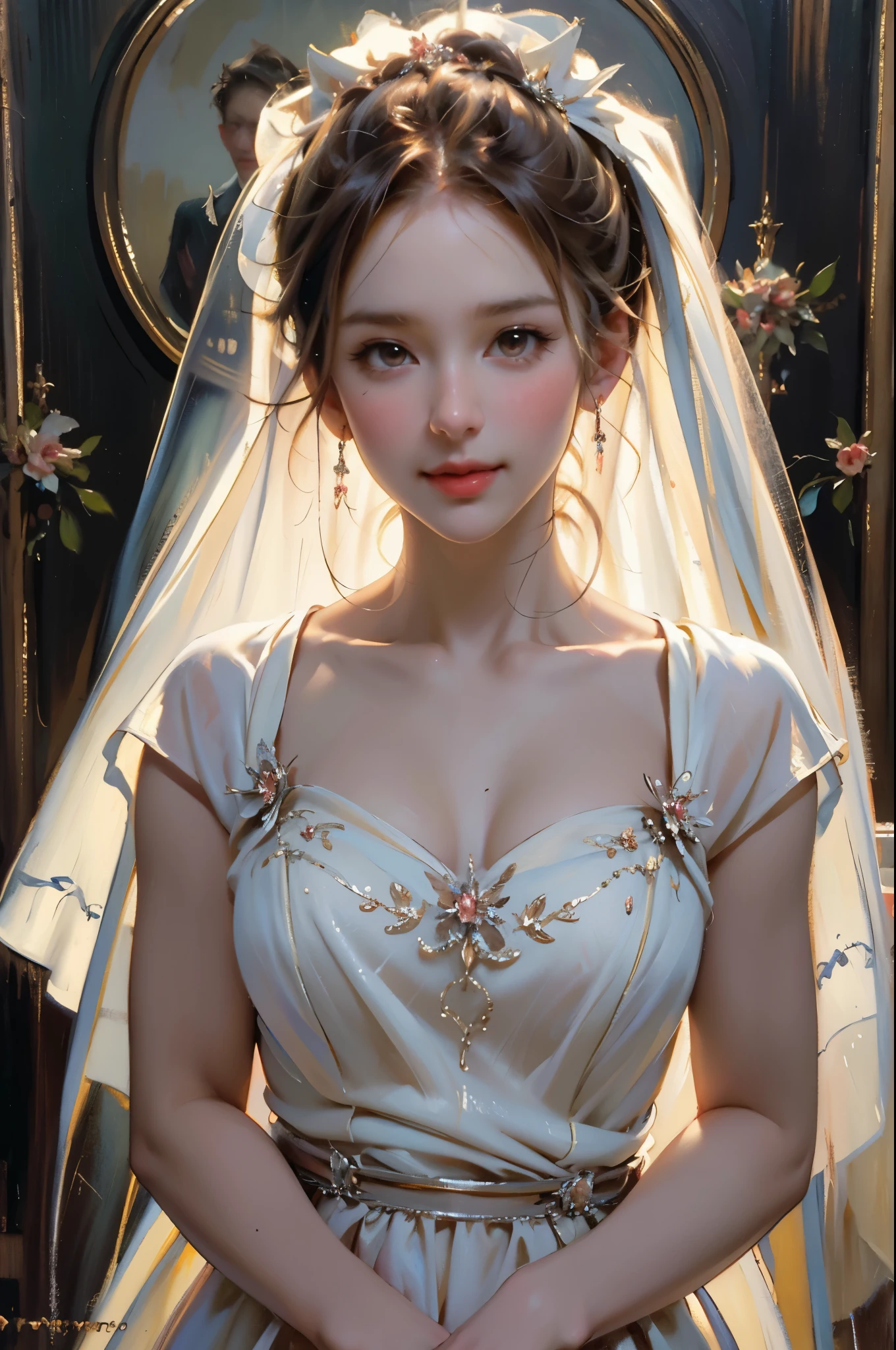 ((masterpiece:1.2)), ((Old western style oil painting)), (Highest quality, High resolution, Ultra-realistic live-action representation, Fine skin expression, Four fingers and a thumb:1.2,), Cinematic Lighting, shape, night, 1 girl, ((perfect cute face)), whole body, (Wedding Dresses), (wedding veil), Put your arms around your back, Waiting for a kiss, Gazing at the viewer, gentle smile, blush,