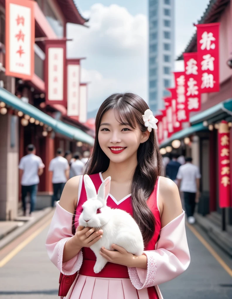 (a beautiful young Taiwan girl and a gaint white  rabbit). the girl with delicate features, wearing a pink and white Korean style fashion outfit with intricate traditional Chinese pattern fabric, cyberpunk style accessories, standing in a modern Taipei street scene, holding a mooncake and smiling at the camera, a gaint fluffy white rabbit standing next to her, (bigger than the girl:1.25), trying to steal her mooncake, with a full moon in the sky in the background, (best quality,8k,highres,masterpiece:1.2),(ultra-detailed:1.33),(realistic,photorealistic,photo-realistic:1.37),extremely detailed, hyperrealistic, Japanese photo style, cinematic light.