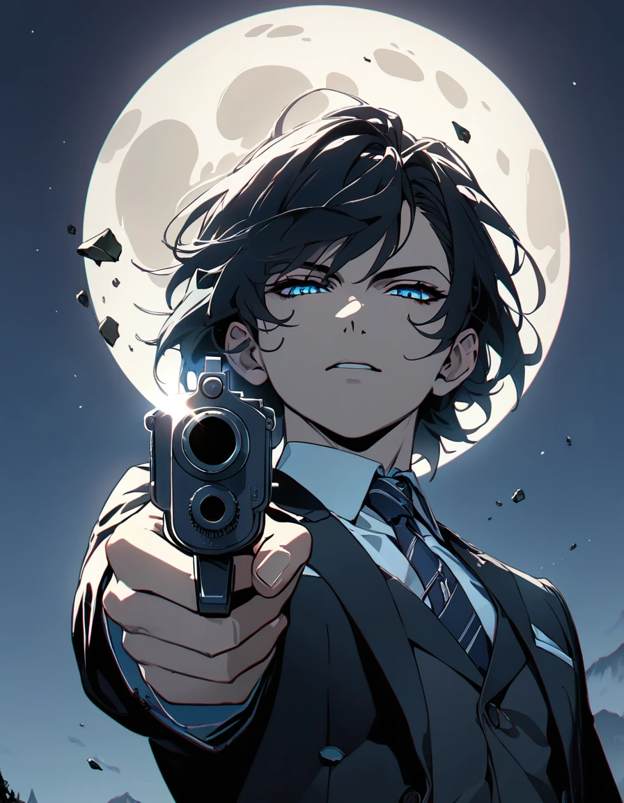 ((masterpiece)、(absurdres)、(ultra detailed)、(8k),SFW,Anatomically correct,anime:1.1,the glass that is broken and misaligned by the bullet that came out of the gun,male、Alone,suit、Handgun、serious,looking viewer,close-up,full moon,from below,half-closed eyes,Cracked filter:1.2,