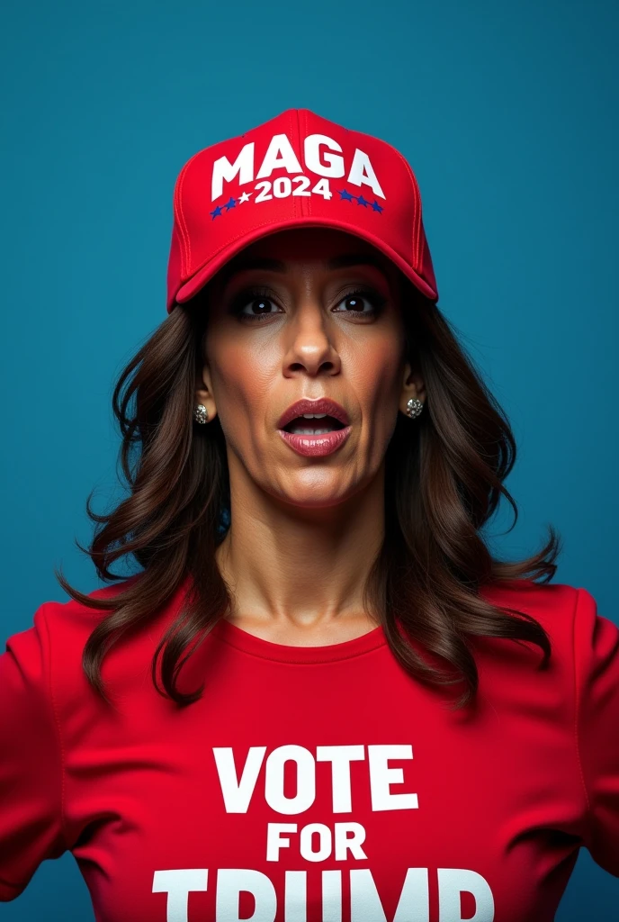 Harris Computer Background Image In blue background Kamala Harris wearing MAGA red hat with words ...